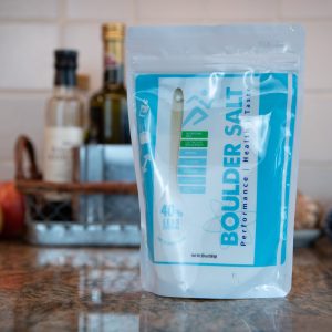 20 oz resealable bag of Boulder Salt on kitchen counter