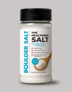 Boulder Salt shaker bottle - The Healthiest Salt For Every Body with 40% less sodium and blend of essential minerals including potassium and magnesium