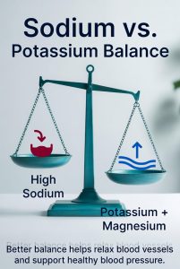 sodium has to be balanced with enough potassium and magnesium for good blood pressure control