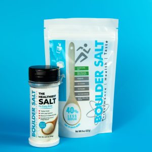 A combination package featuring an 8 oz bag and a 6 oz shaker of Boulder Salt, providing a balanced blend of essential electrolytes