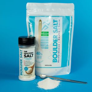 Boulder Salt kitchen combo featuring the 20oz resealable bag and 6oz shaker - salt that's formulated to mirror the body's natural electrolyte ratios.