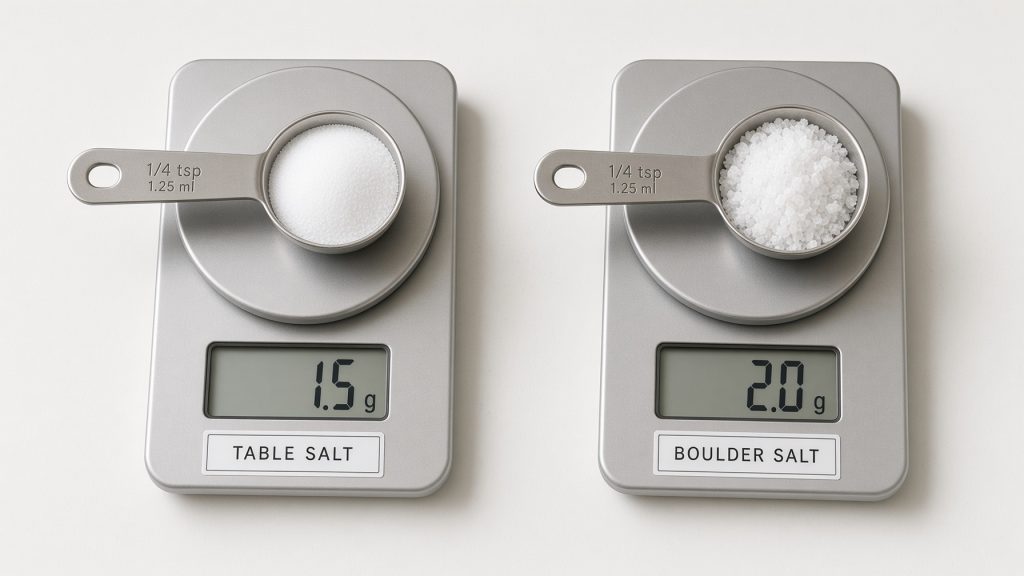 Two ¼ teaspoon measures on digital scales: table salt weighing 1.5 grams and Boulder Salt weighing 2.0 grams.