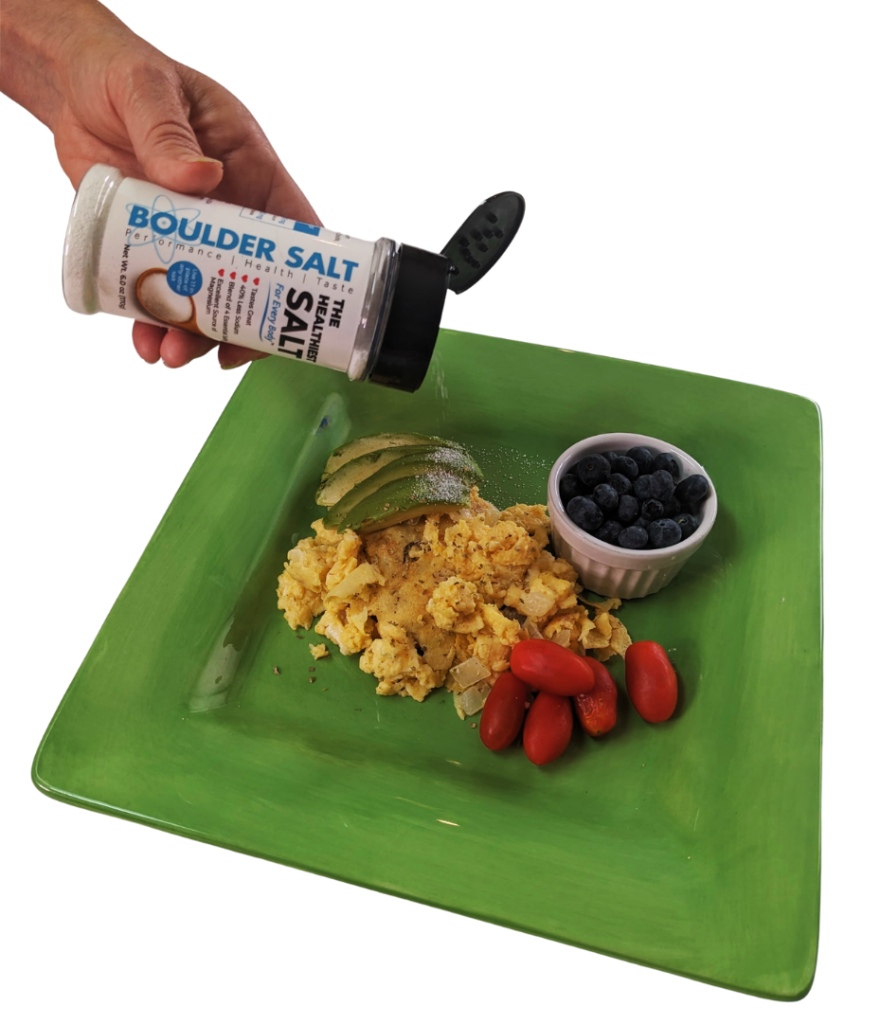 Boulder Salt pouring onto scrambled eggs